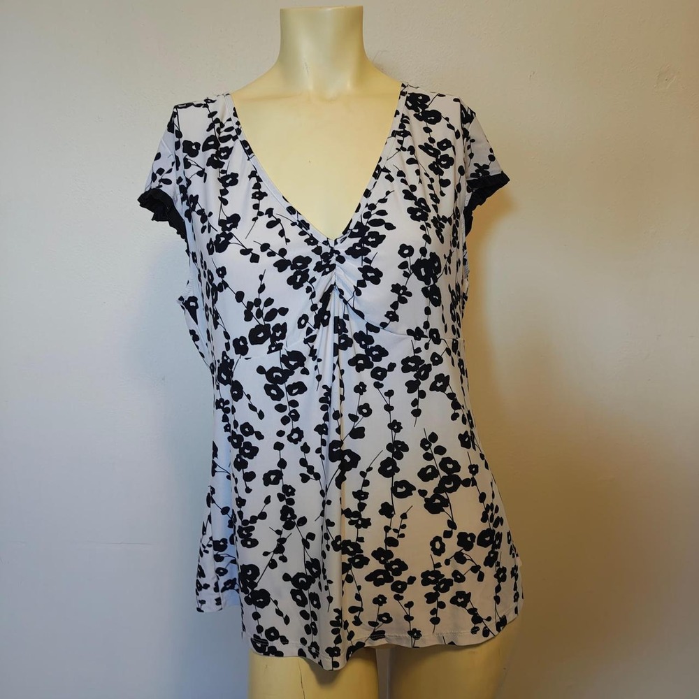 Gilligan & O'Malley Women Black White Floral Tie Front Sleep Blouse Top Large